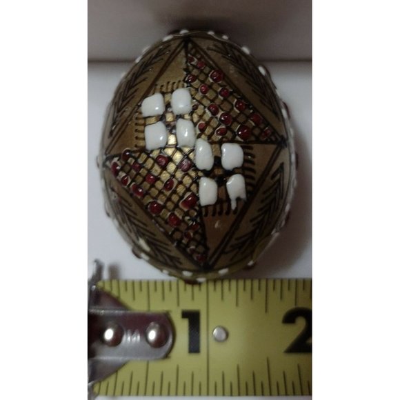 Vintage Romanian Pysanky Hand Painted Real Easter Egg Gold Red Checkered Diamond - Picture 3 of 3